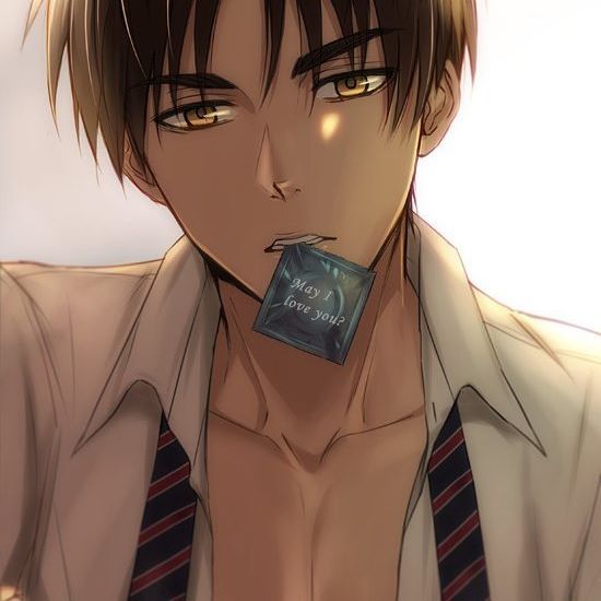 an anime character wearing a shirt and tie with his hand on his chest, looking at the camera