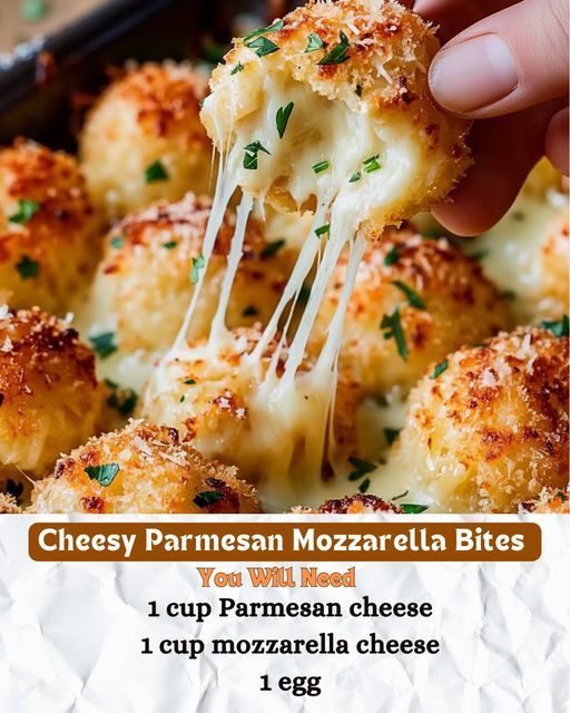 a hand holding a piece of cheesy parmesan mozzarella bites