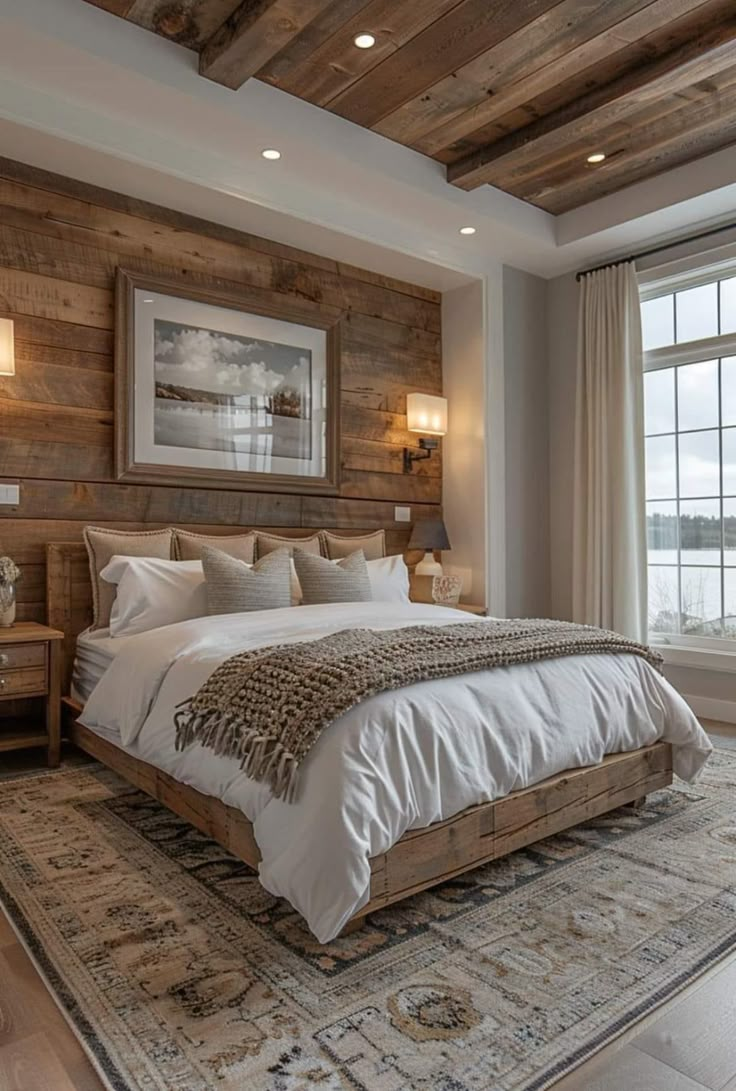 a large bed sitting in the middle of a bedroom next to a window with curtains