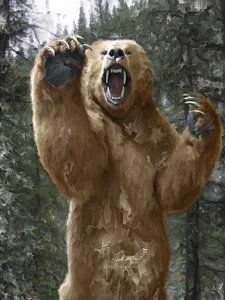 a large brown bear standing in front of trees with its mouth open and claws out