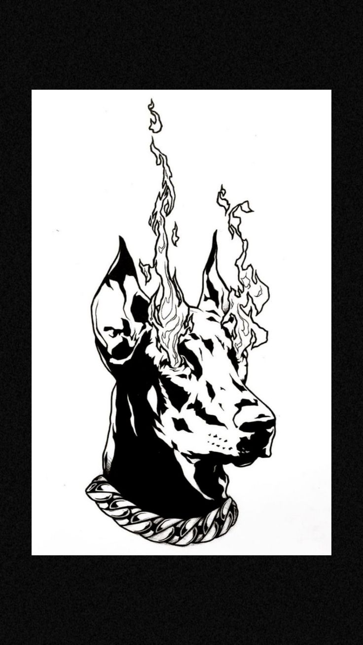 a black and white drawing of a bull with flames coming out of it's head