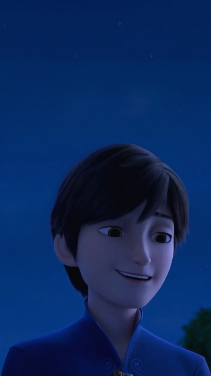 the animated character is wearing a blue shirt and smiling at the camera with his eyes wide open