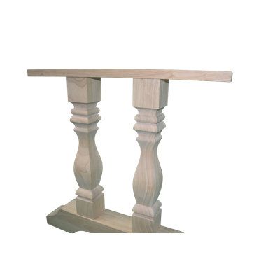 a wooden table with two posts on the top and one at the bottom, against a white background