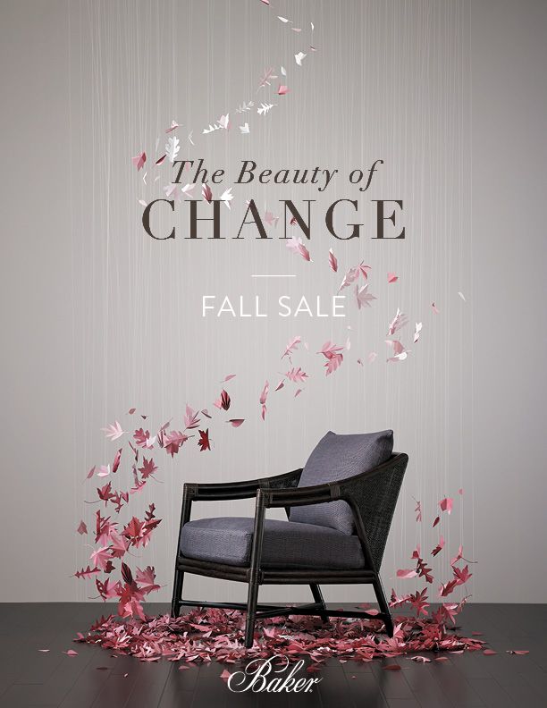 a chair sitting in front of a wall with pink petals on it and the words, the beauty of change fall sale