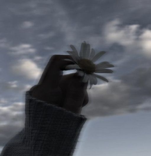 a hand holding a flower up to the sky with clouds in the backround