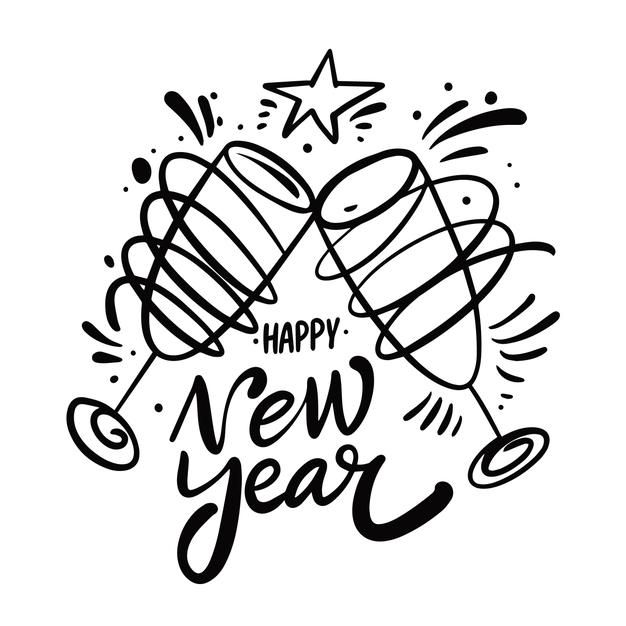 happy new year lettering with fireworks and confetti on the white background illustration for greeting card or poster design