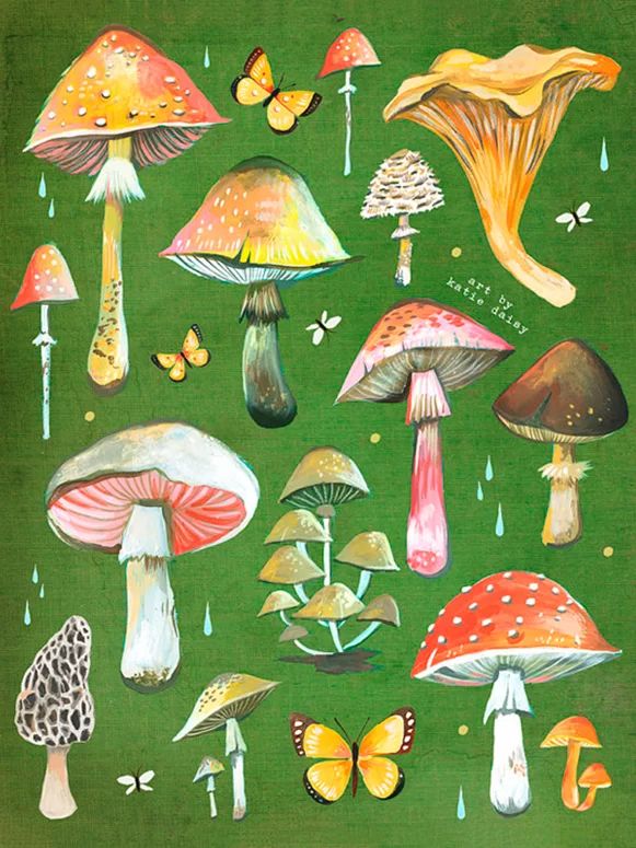 a painting of mushrooms and butterflies on a green background with water droplets falling from them