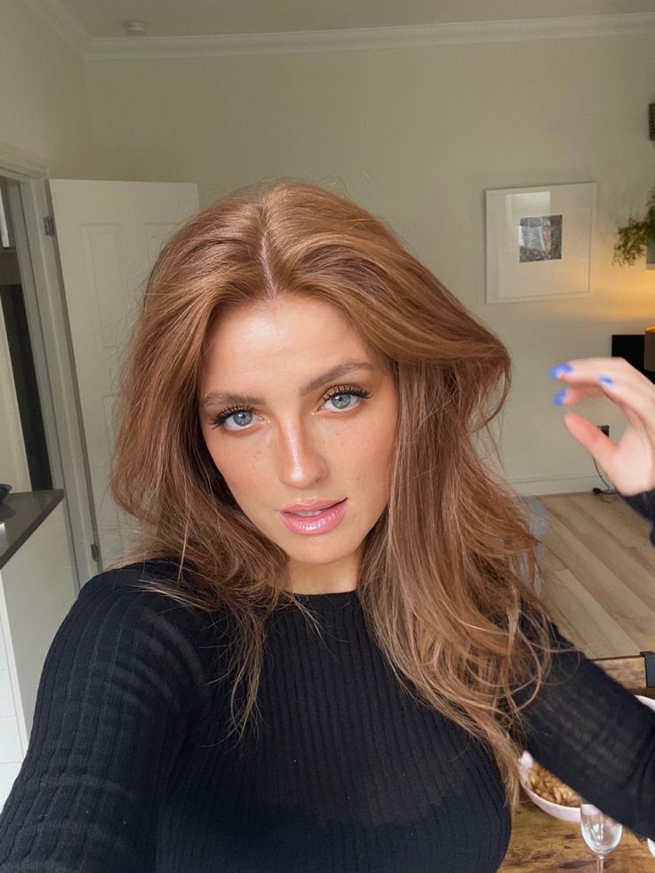 Hair Inspo Color Blue Eyes, Caramel Brown Hair Blue Eyes, Red Hair With Blue Dress, Copper Hair And Blue Eyes, Light Copper Hair Pale Skin, Cowboy Copper Hair Blue Eyes, Copper Hair Pale Skin Brown Eyes, Caramel Hair Blue Eyes, Light Eyes Hair Color