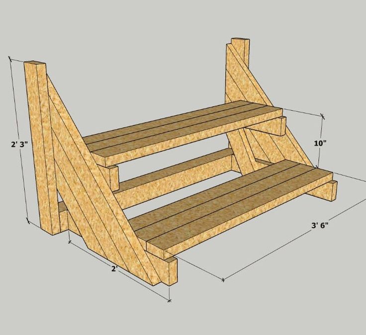 a wooden step stool with measurements for the top and bottom section, including two levels