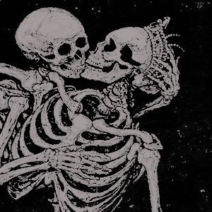 two skeletons hugging each other in front of a black and white background with the caption's name on it