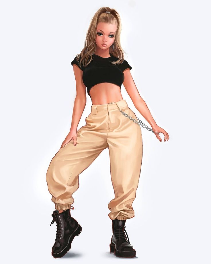 a drawing of a woman in gold pants and black crop top with chains on her waist