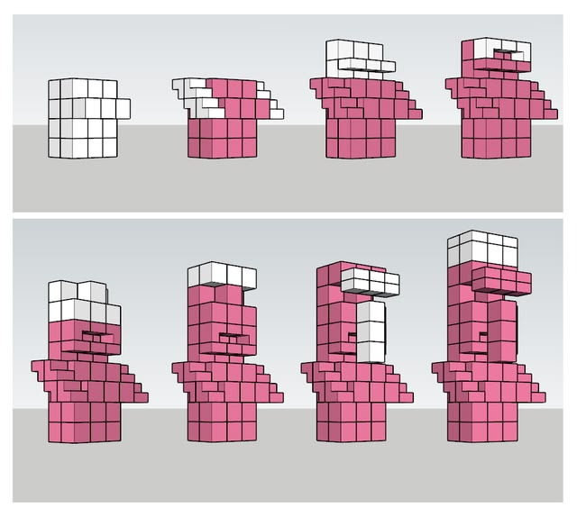 some pink and white cubes are arranged in different directions to make it look like they have