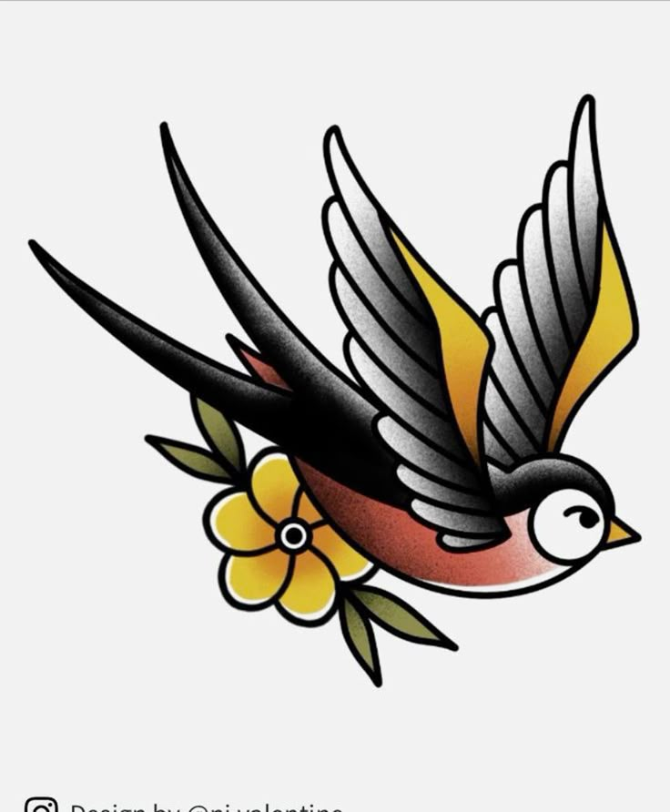 a bird with flowers on it's wings flying through the air and holding an orange flower