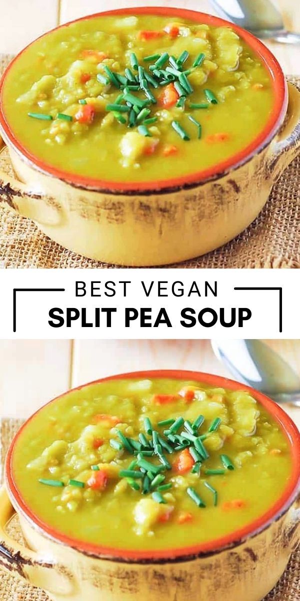 two pictures of split pea soup with carrots and spinach in the bottom photo