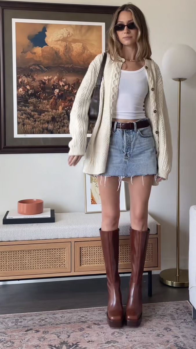 Late 20s Fall Fashion, Intro To Fall Outfits, New Style Outfits For Women, Cottegcore Fall Outfits, Fall Outfits With Western Boots, Black Skirt And Black Boots Outfit, Whimsical Style Outfits Casual, Denim Shorts And Boots Outfit Fall, Sunny But Cold Outfit