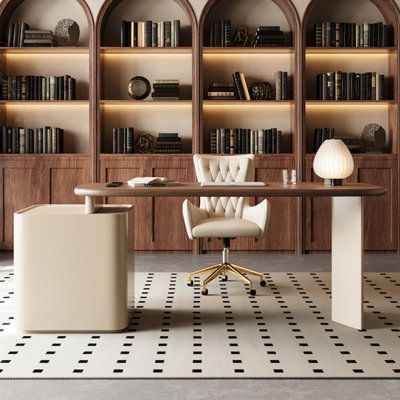 an office with bookshelves, desk and chairs in front of the bookcases