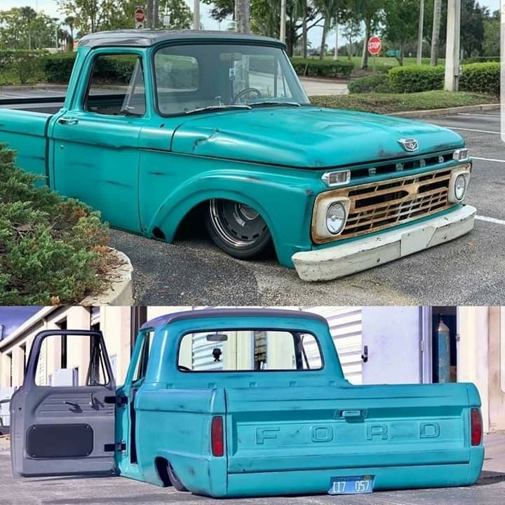 an old blue pickup truck parked in a parking lot next to another photo of it