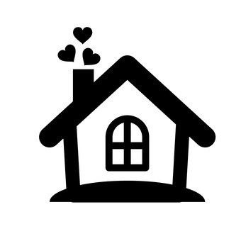 a black and white house with hearts coming out of the roof, on a white background