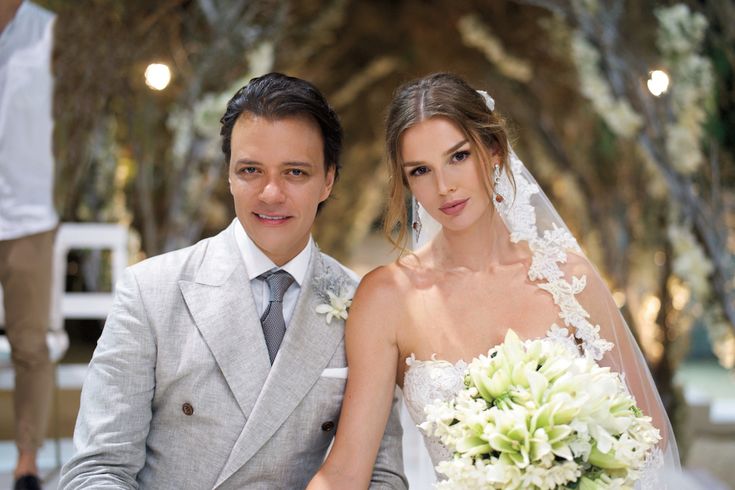 a bride and groom posing for a photo