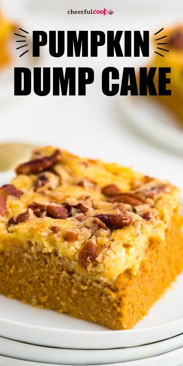 a close up of a cake on a plate with the words pumpkin dump cake above it