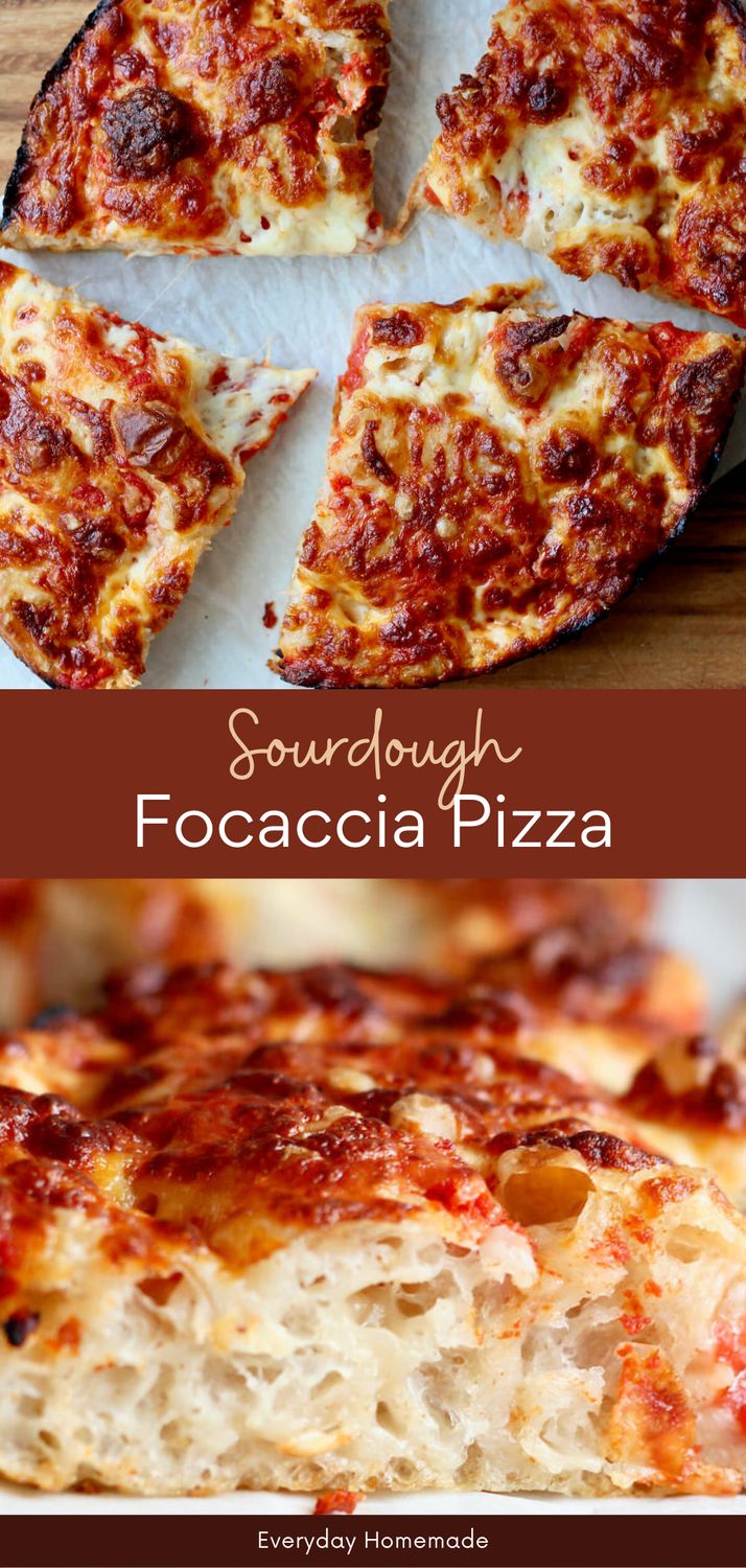 there are four different types of pizzas on the table with text overlay that says sourdough focaccia pizza