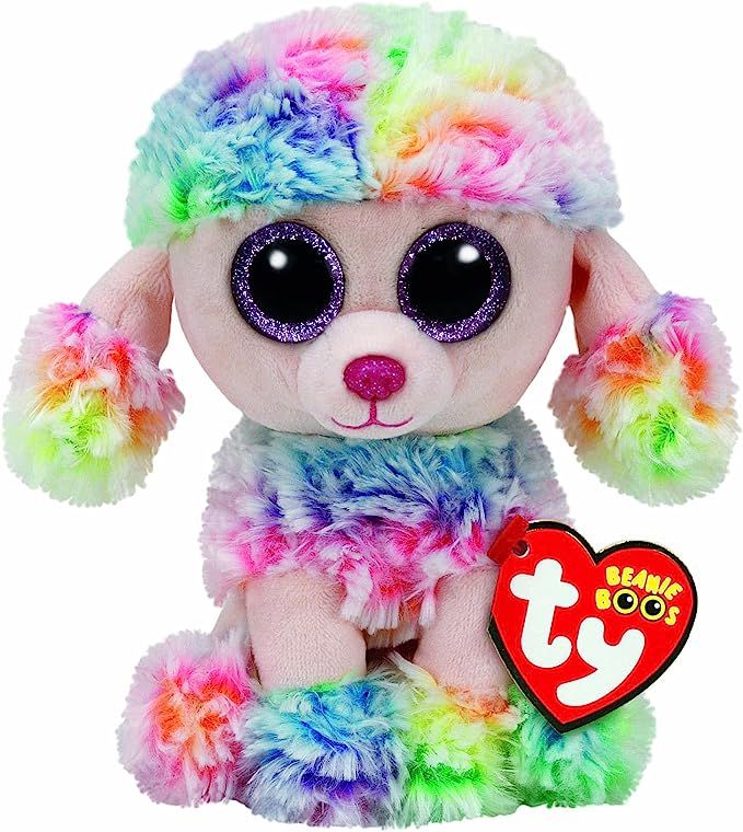 a stuffed animal with big eyes and multicolored hair