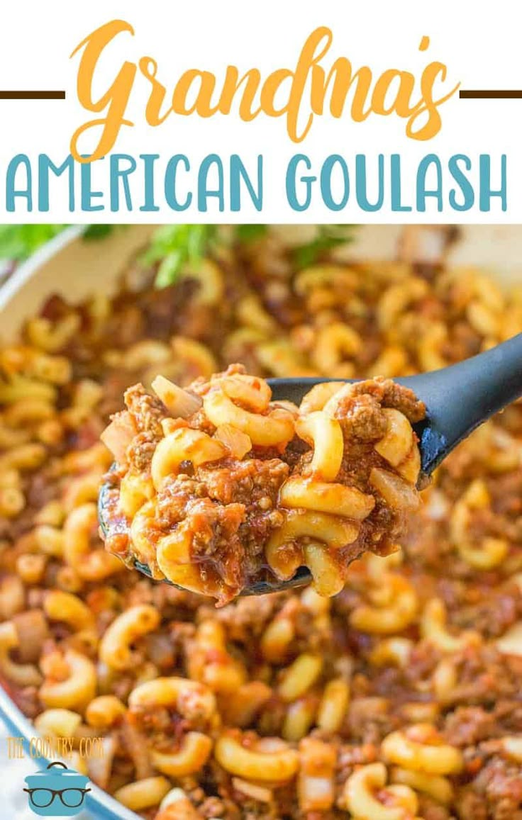 a spoon full of chili macaroni and cheese with the words grandma's american goulash above it