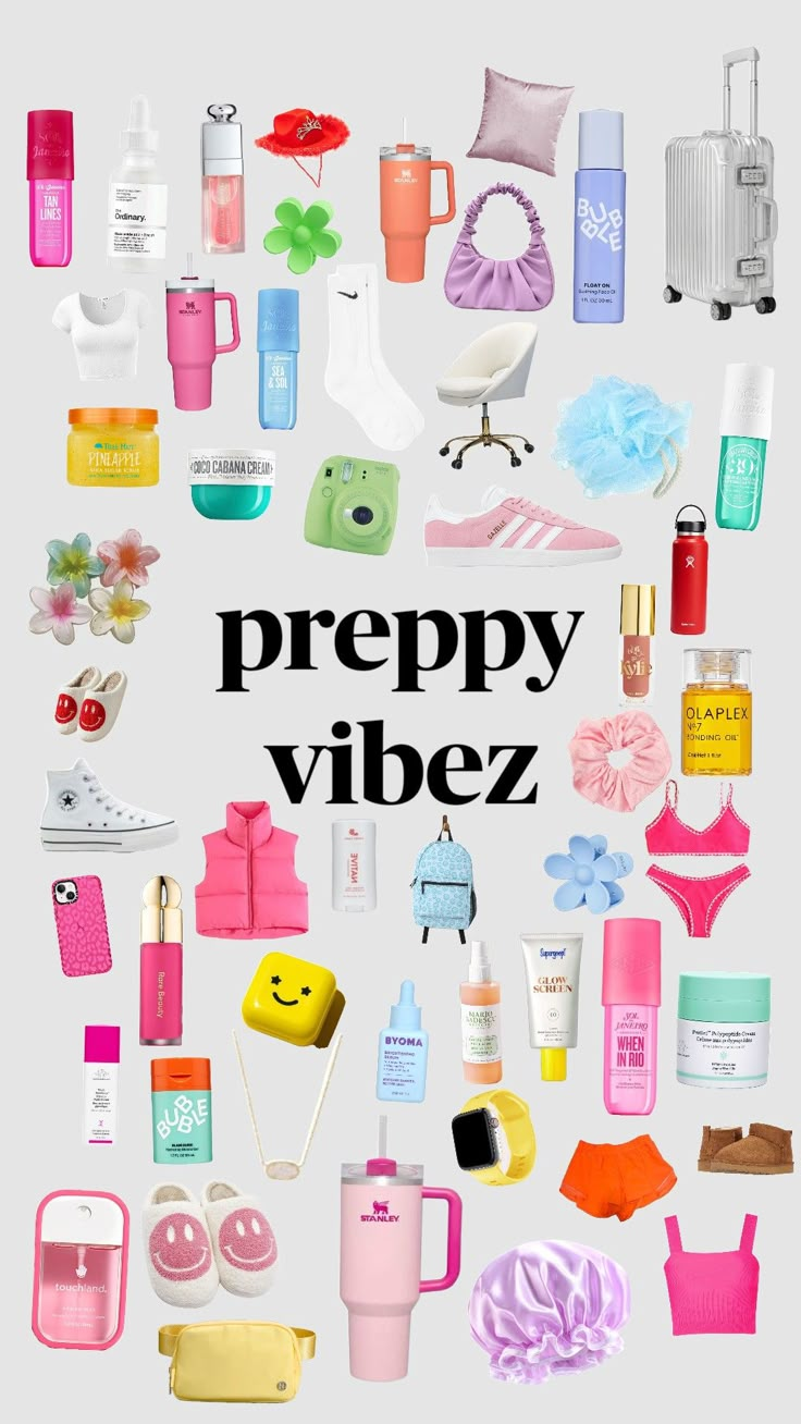 the words prepy vibez are surrounded by many different types of items and colors