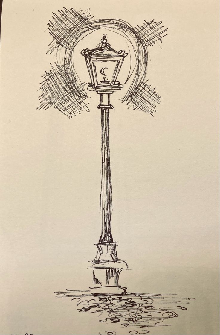 a drawing of a lamp post in the water with a light on it's side