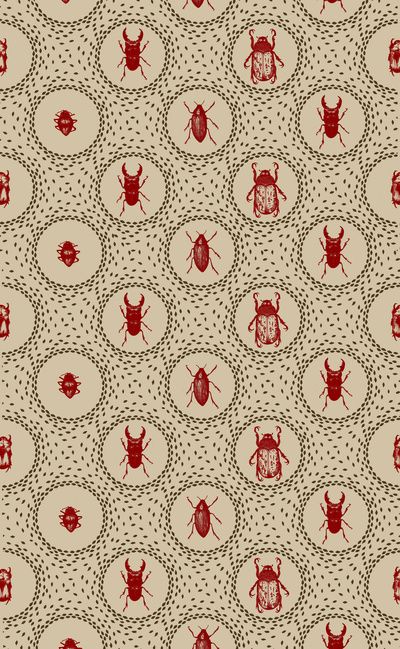 a red and beige pattern with bugs on the back ground, all in different sizes