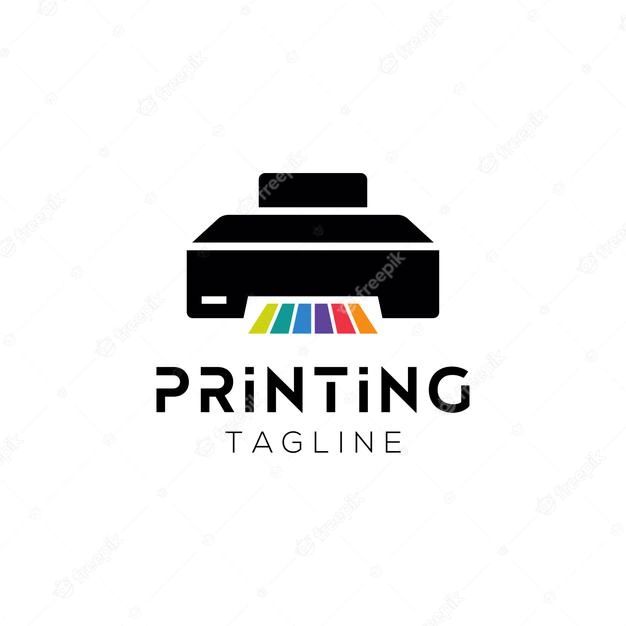 a printer logo with the word printing tagline on it and an image of a printer