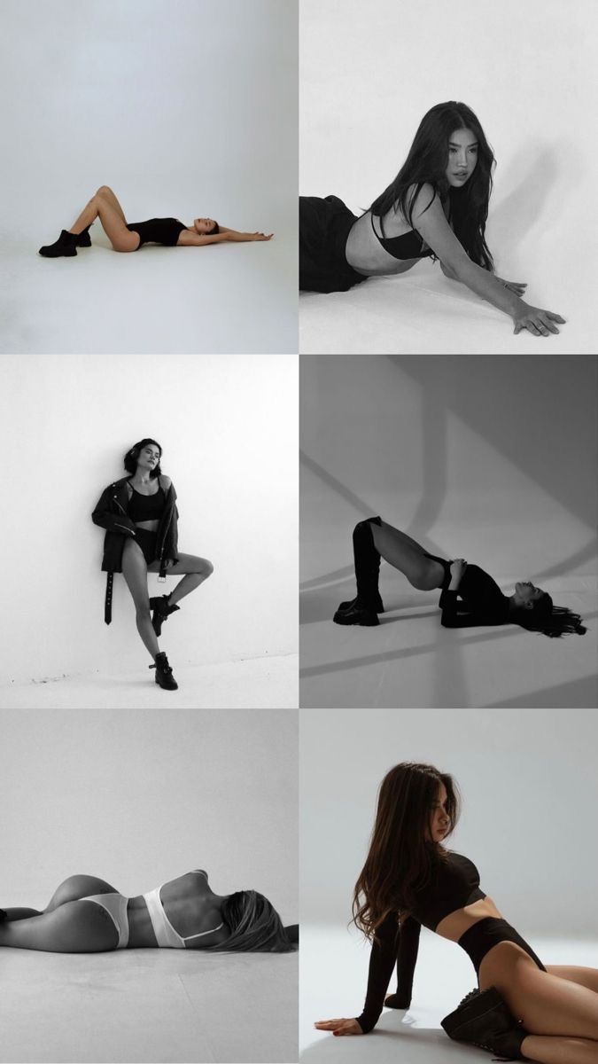 four different images of women in black and white outfits, one is laying on the floor