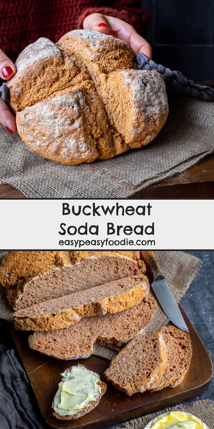 two pictures showing different types of breads with butter on top and in the middle