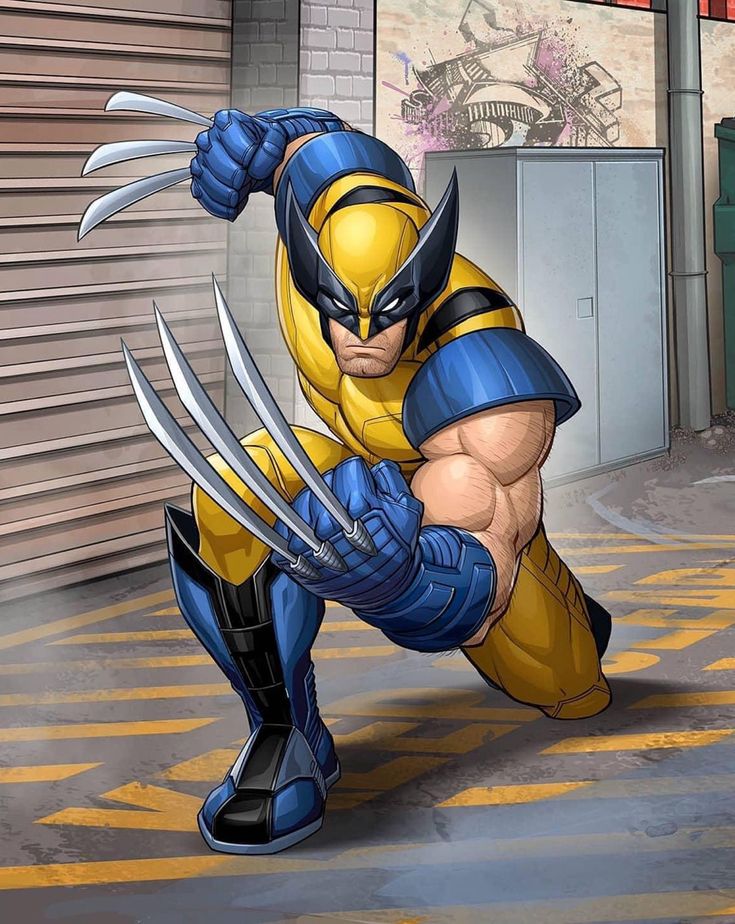 a cartoon wolverine is running through the street with his claws in his hand and one foot out