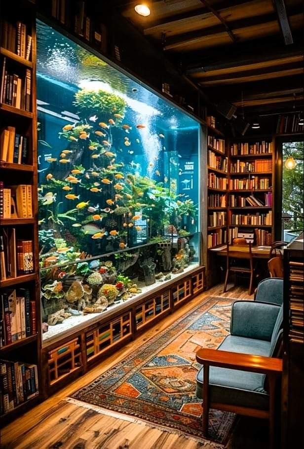 an aquarium in the middle of a library filled with bookshelves and chairs next to a table