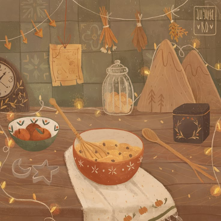 a painting of a bowl of food on a table with a clock in the background