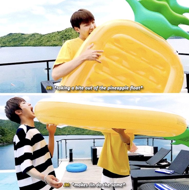 the boy is holding up an inflatable banana