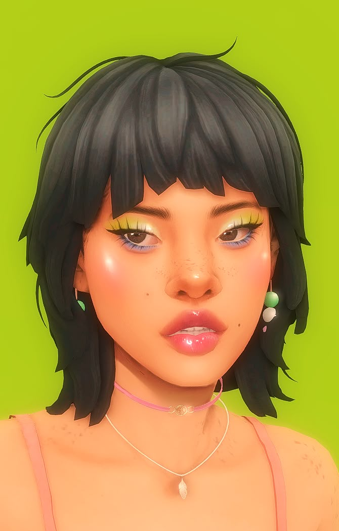 an animated woman with black hair and green eyes