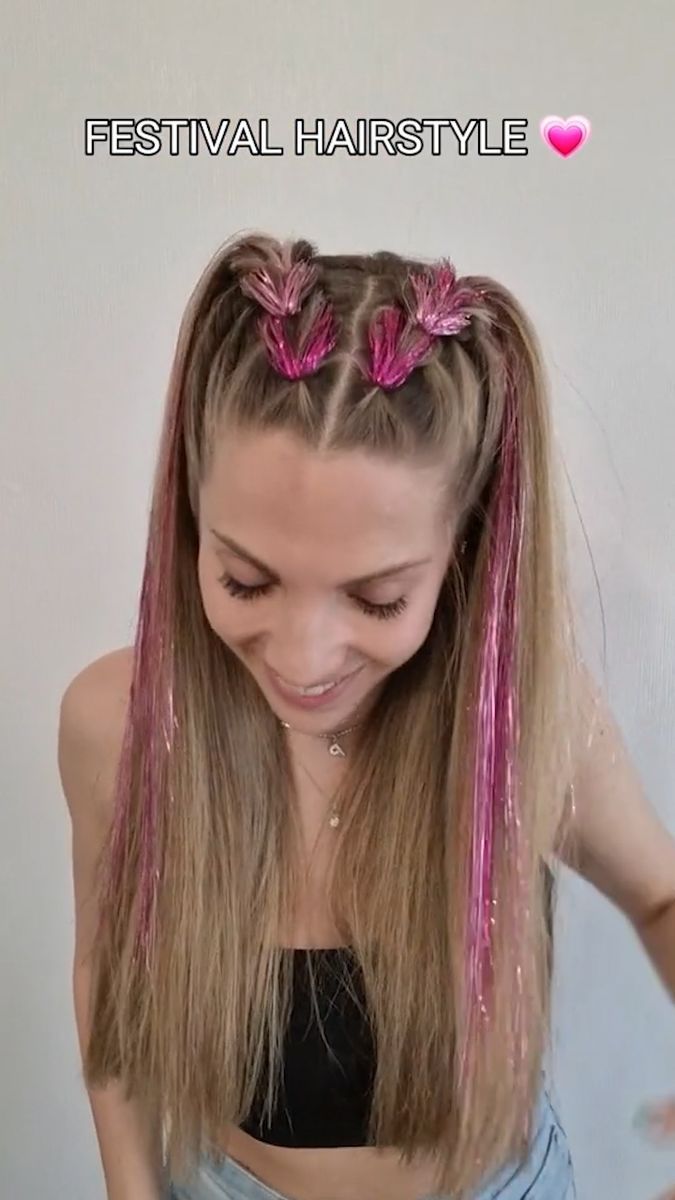 Pink Concert Hairstyles, Taylor Swift Lover Era Hairstyles, Rave Hairstyles Extensions, Pink Festival Hair, Hair Glitter Hairstyles, Hair For Taylor Swift Concert, Taylor Swift Lover Hairstyle, Lover Era Hairstyles, Lover Era Hair