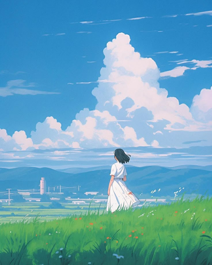 a woman standing on top of a lush green field under a blue sky with clouds