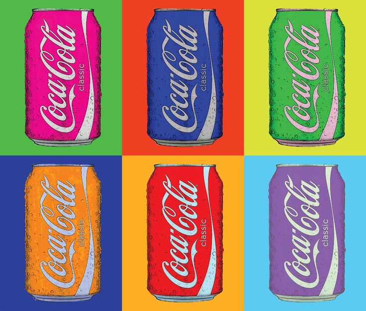 four cans of coca - cola in different colors on a multicolored background, each with the same logo