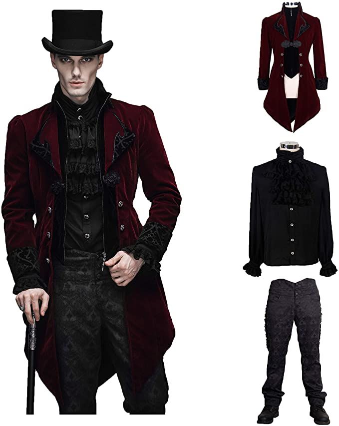 three different styles of men's clothing including a top hat, coat and pants