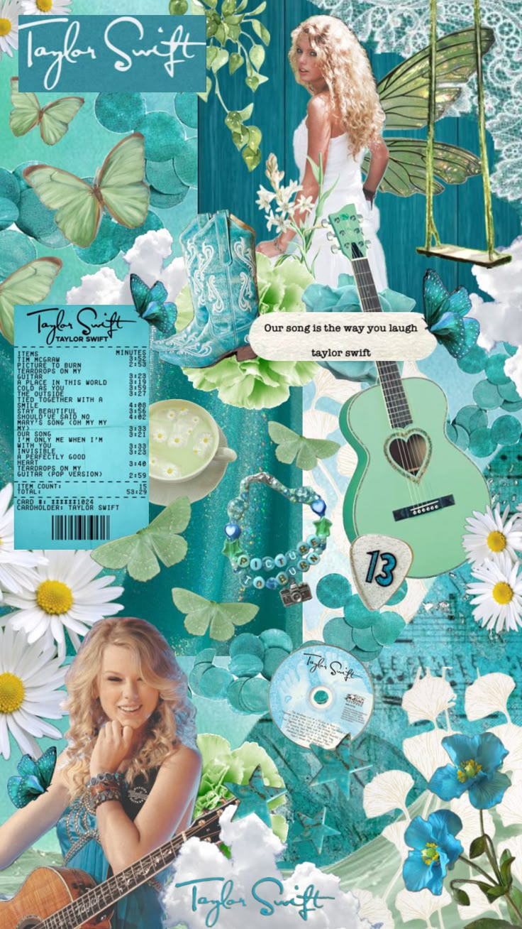 a collage with flowers, butterflies and a girl holding a guitar in her hand