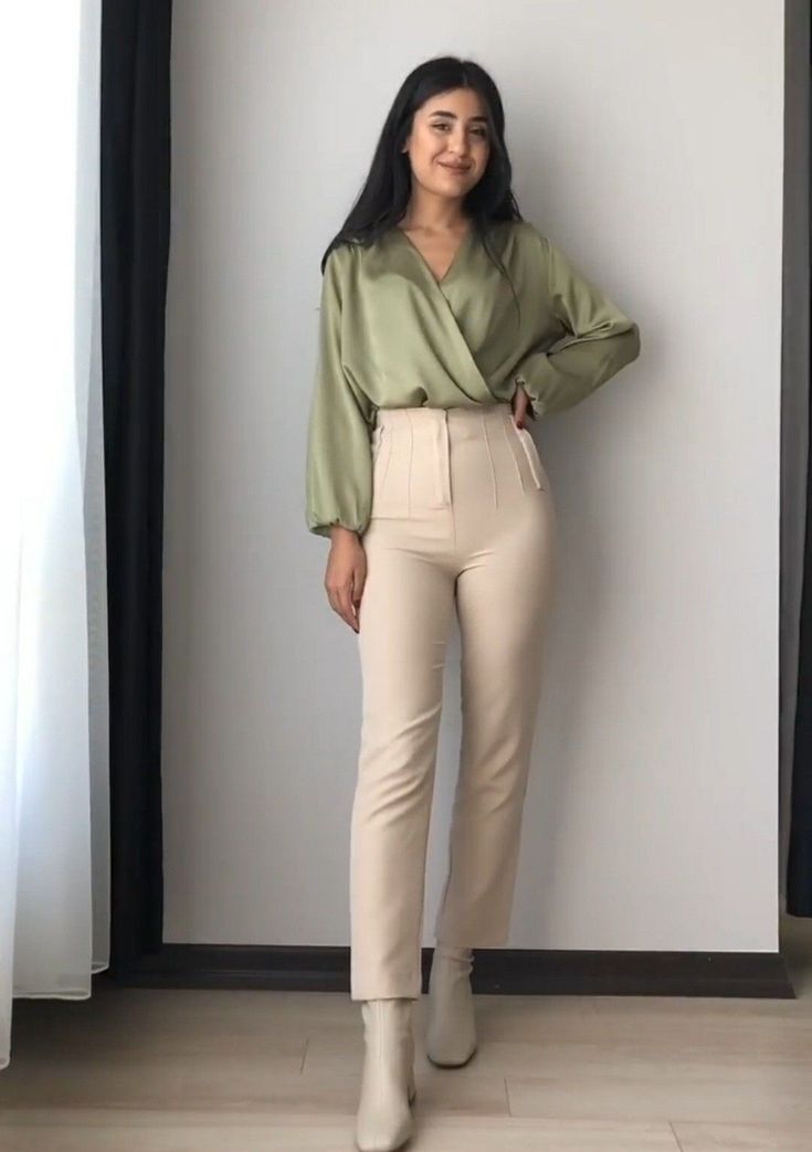 Semi Classic Outfits For Women, How To Style Beige Formal Pants, Khaki Pants Outfit Office, Beige Formal Pants Outfit Women, Beige Semi Formal Outfit, White Dress Pants Outfit Business, Semi Formal Tops For Women, Beige Top Outfit Classy, Zara Beige Pants Outfit