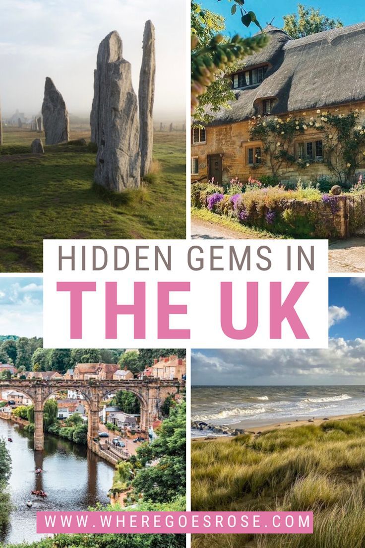 the uk with pictures of stonehenge in it and text that reads hidden gems in the uk