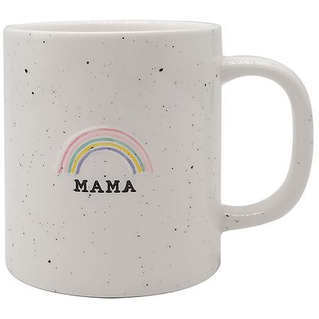 a white coffee mug with a rainbow and the word mam on it's side