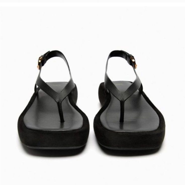 Leather Sandals,Toe Post,Chunky Flat Form Soles And Buckle Ankle Straps Closure. Sole High 1.6 Inches Black Leather Toe Post Slingback Sandals, Chic Black T-strap Sandals With Buckle Closure, Chic Flat T-strap Sandals With Heel Strap, Chic Flat Sandals With Heel Loop, Chic Toe Post Platform Sandals, Black Slingback Sandals With Cushioned Footbed, Chic Sandals With Buckle Closure And Toe Post, Chic Toe Post Sandals With Buckle Closure, Chic T-strap Sandals With Removable Insole And Toe Post