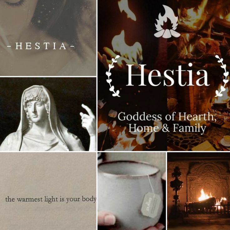 a collage of photos with the words, hestia goddess of hearth, home & family