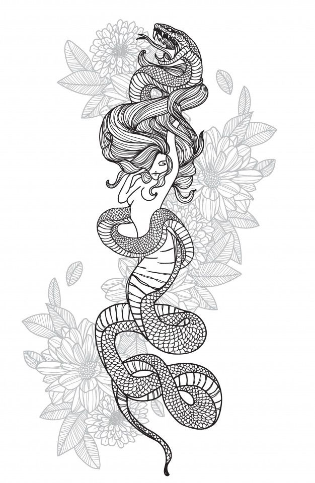 a beautiful woman with a snake on her head and flowers in the background royalty illustration