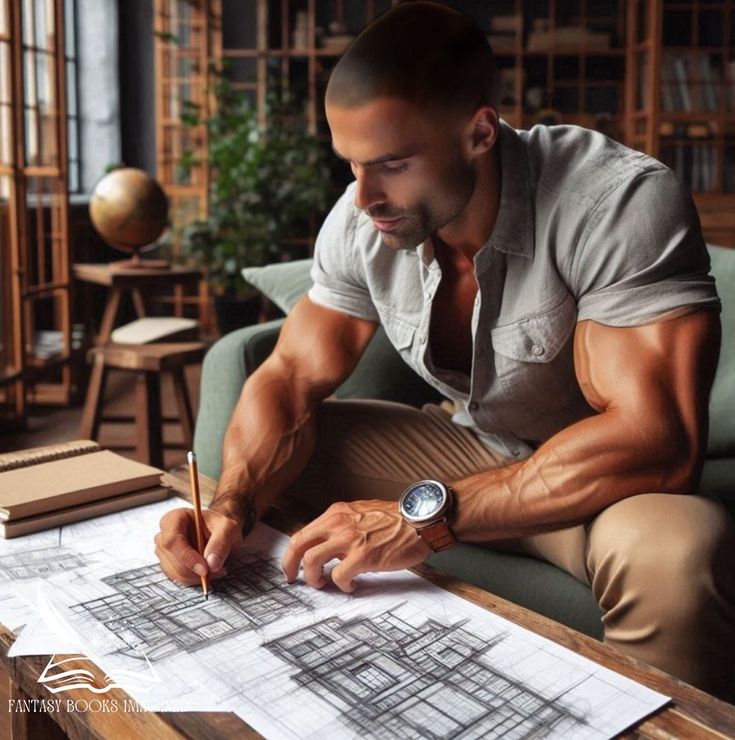 a man sitting at a table working on blueprints with a watch and pen